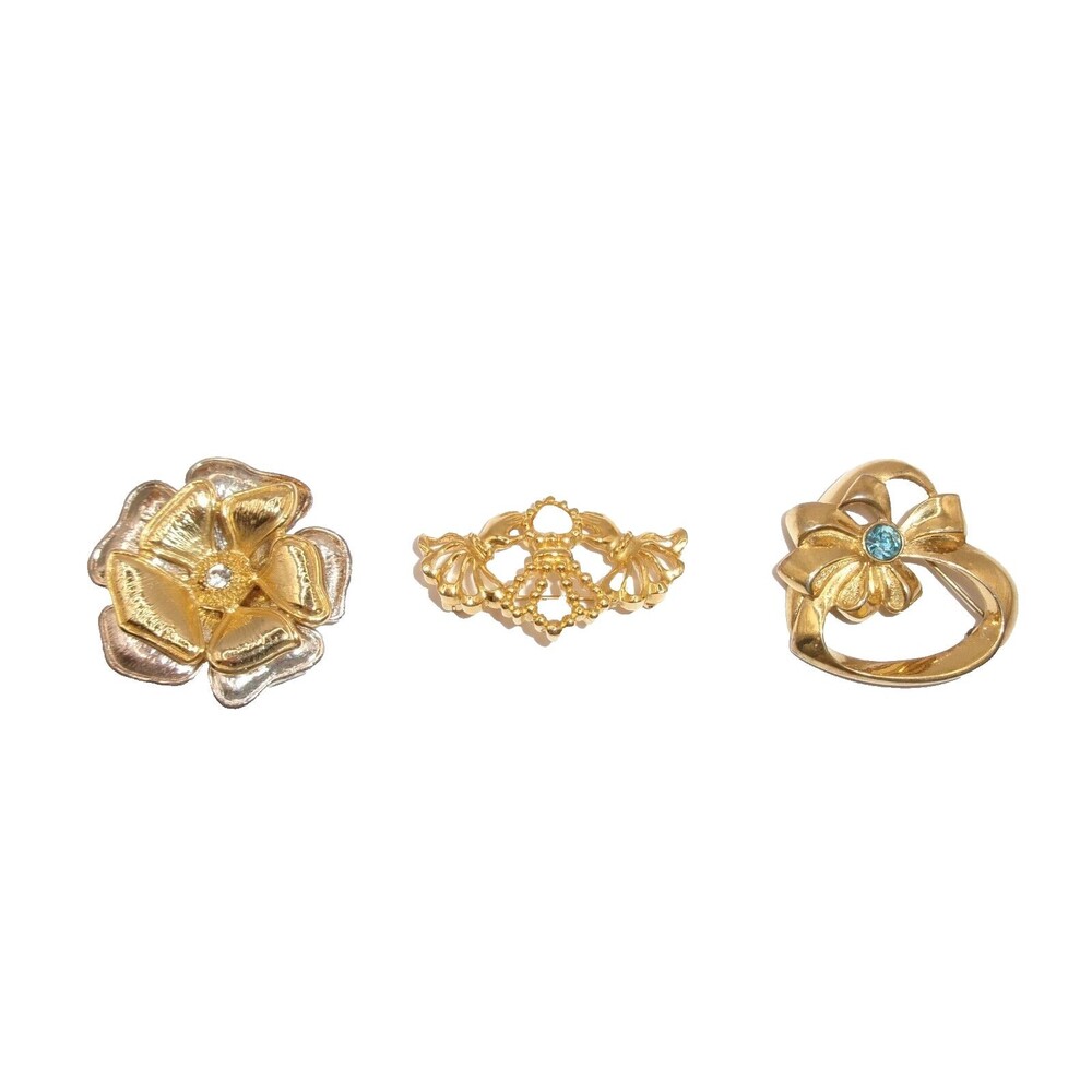 Avon Brooch Pin Lot of 3 Flower Heart Blue Stone Crown w/ Faux Pearl Gold Tone